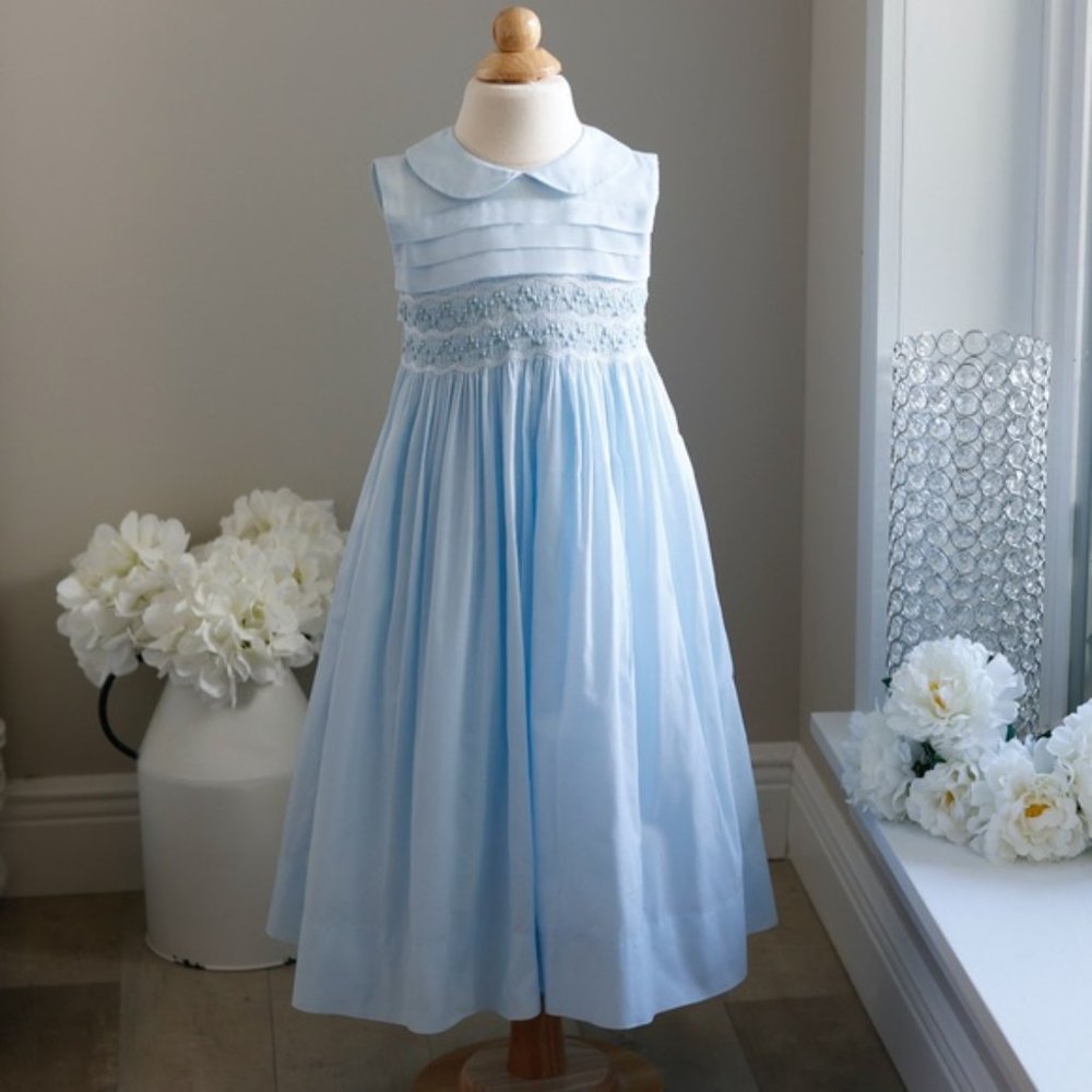Strasburg Blue Smocked Dress Hand-Embroidered  Spring Summer Vacation PERFECT